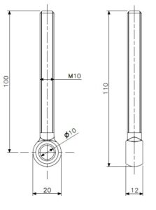 Knevelbout M10x100 rvs (technische tekening met afmetingen)