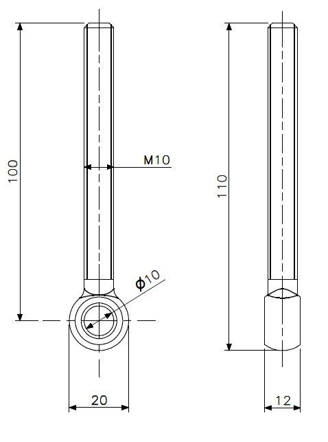 Øyebolt M10x100 rustfritt stål (teknisk tegning med dimensjoner)