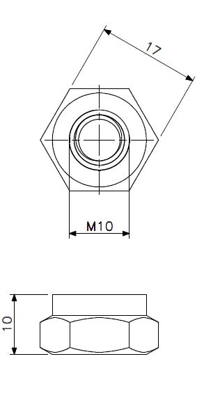 Låsemutter M10 rustfritt stål (teknisk tegning med dimensjoner)