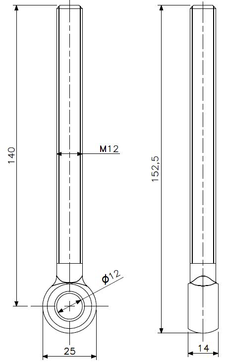 Øyebolt M12x140 rustfritt stål (teknisk tegning med dimensjoner)