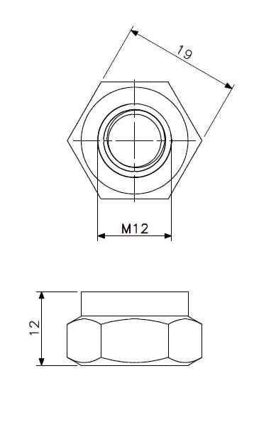 Låsemutter M12 rustfritt stål (teknisk tegning med dimensjoner)