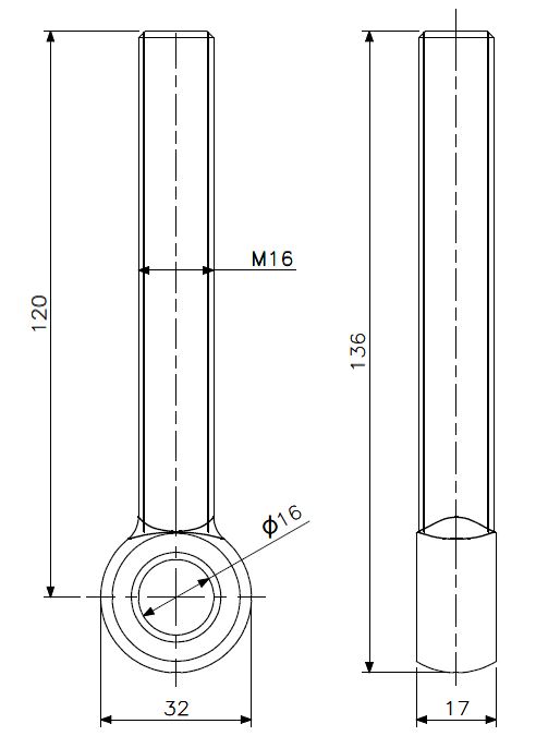 Eye bolt M16x120 brass (technical drawing with dimensions)