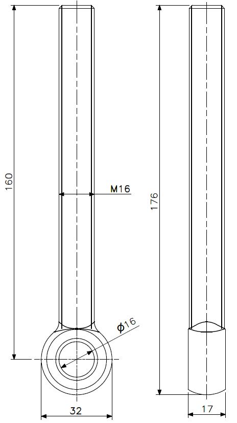 Eye bolt M16x160 brass (technical drawing with dimensions)