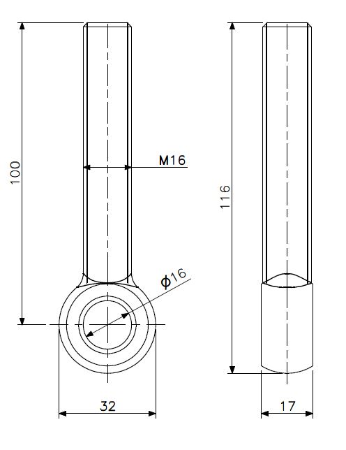 Eye bolt M16x100 stainless steel (technical drawing with dimensions)