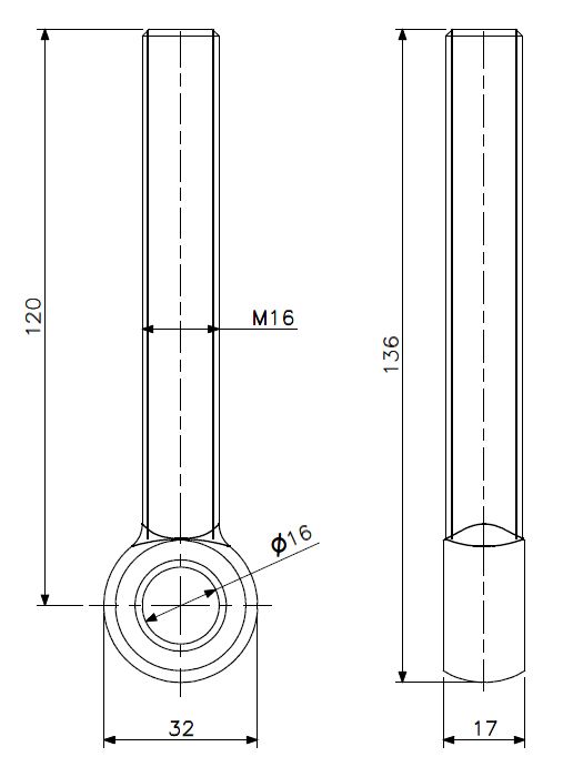 Øyebolt M16x120 rustfritt stål (teknisk tegning med dimensjoner)