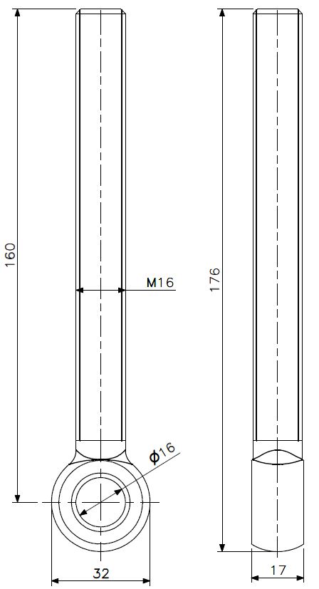 Eye bolt M16x160 stainless steel (technical drawing with dimensions)