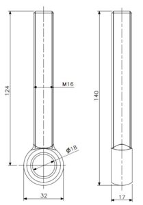Knevelbout M16x124 A2 (technische tekening met afmetingen)