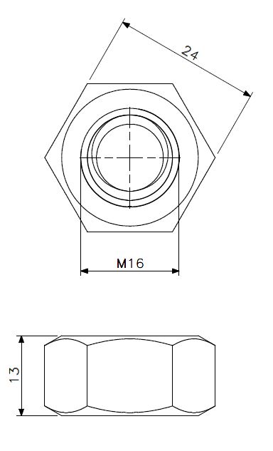 Mutter M16 Edelstahl (technische Zeichnung mit Maßangaben)