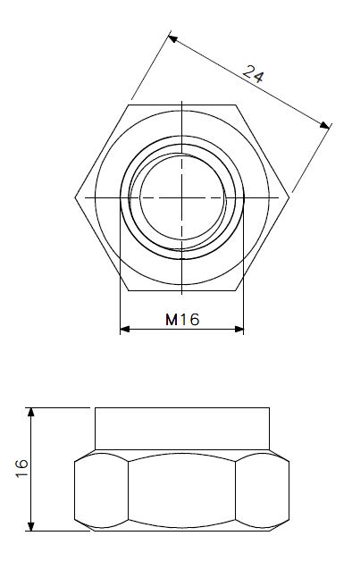 Self locking nut M16 stainless steel (technical drawing with dimensions)
