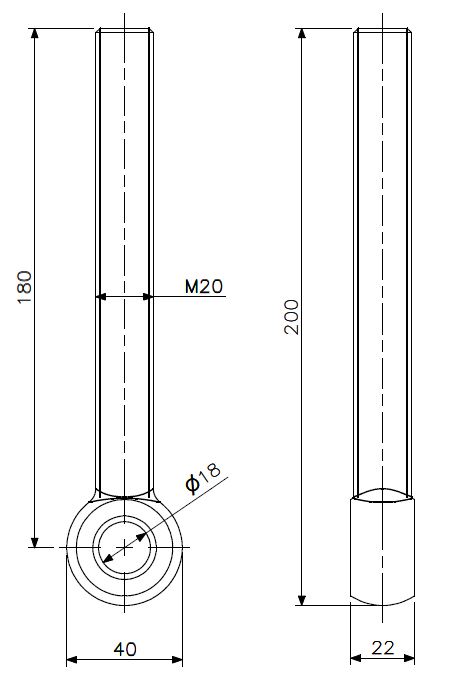 Knevelbout M20x180 messing (technische tekening met afmetingen)