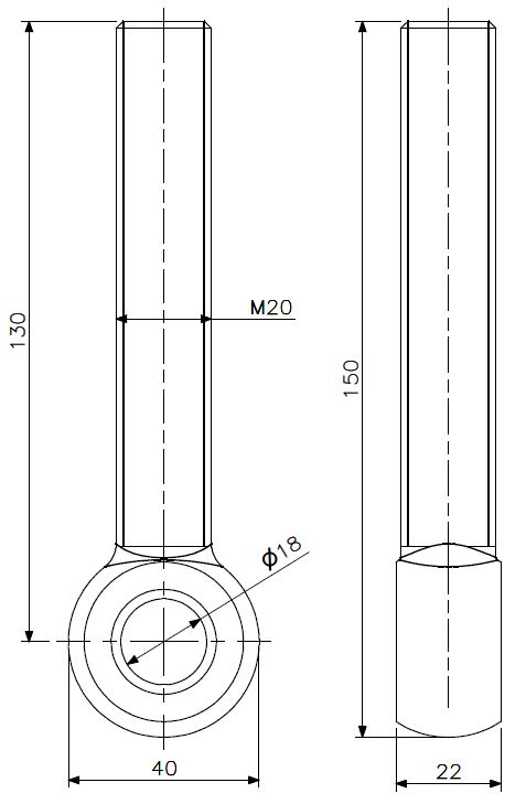 Augenschraube M20x130 Messing (technische Zeichnung mit Maßangaben)