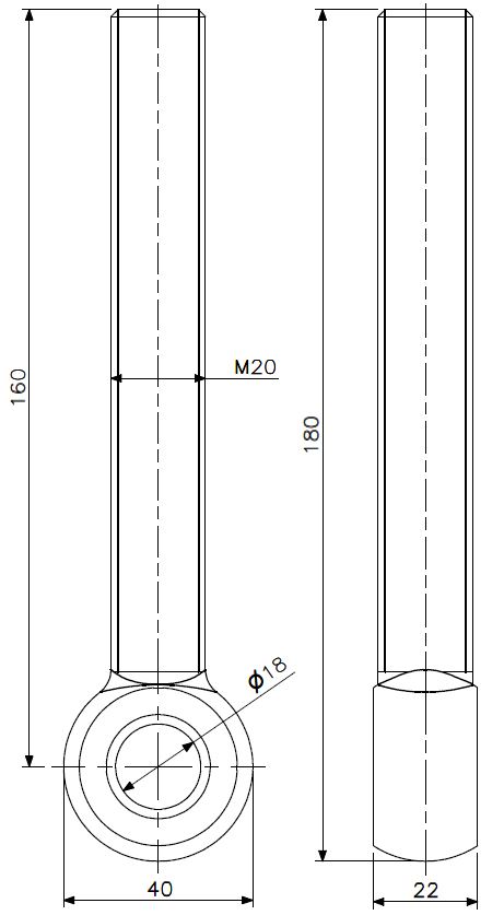 Øyebolt M20x160 rustfritt stål (teknisk tegning med dimensjoner)