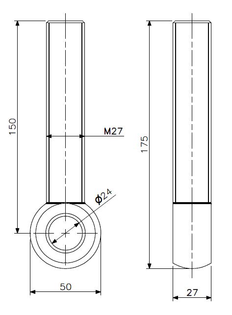 Øyebolt M27x150 messing (teknisk tegning med dimensjoner)