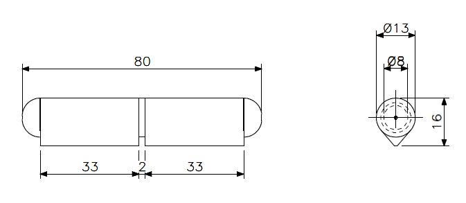 Sylindrisk sveisehengsel 80mm aluminium (teknisk tegning med dimensjoner)