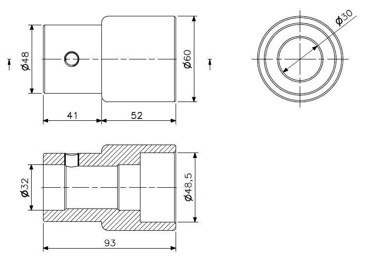 Ytre bøssing 93mm aluminium senket (teknisk tegning med dimensjoner)