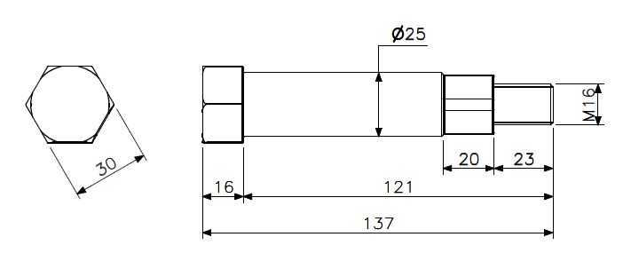 Axle 93mm stainless steel for flush door toggle (technical drawing with dimensions)