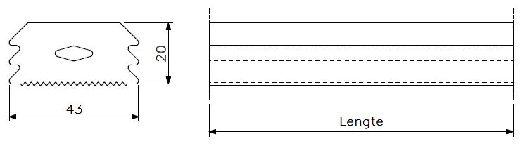 Gummipakning 43x20 riflet profil med liten kanal (teknisk tegning med dimensjoner)