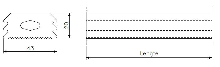 Gummipakning 43x20 riflet profil med kanal (teknisk tegning med dimensjoner)