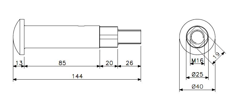 Axle 80mm steel for blind door toggle (technical drawing with dimensions)