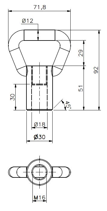 Bow nut M16 brass extended (technical drawing with dimensions)