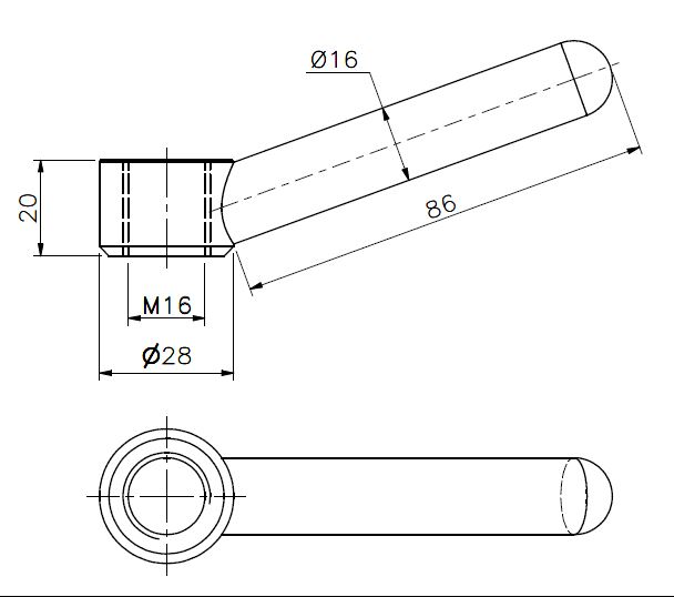 Knebelmutter einarmig M16 Messing (technische Zeichnung mit Maßangaben)