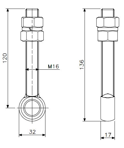 Scharnierbout M16x120 rvs (18) compleet (technische tekening met afmetingen)