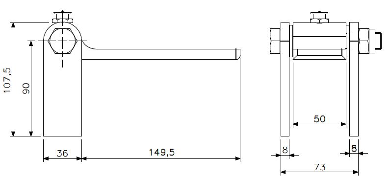 Charnière trappe légère M16 acier droite/ronde (dessin technique avec dimensions)