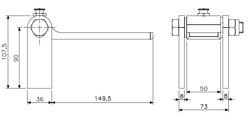 Licht luikscharnier M16 staal recht/sleuf (technische tekening met afmetingen)