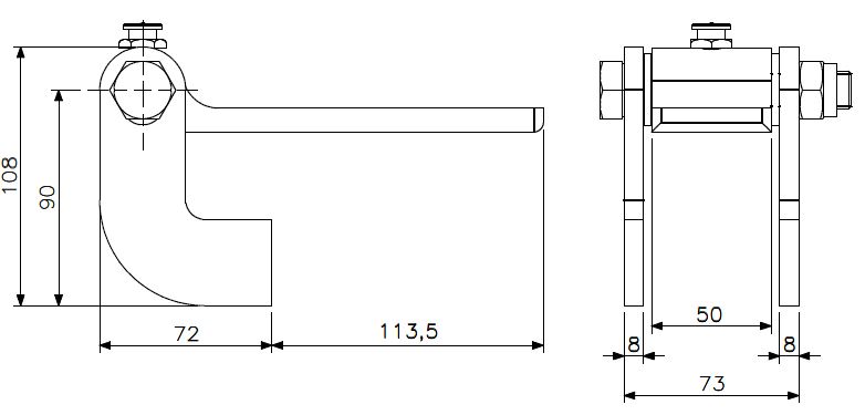Charnière trappe légère M16 acier courbée/fendue (dessin technique avec dimensions)