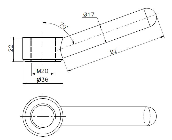 Écrou à queue M20 laiton (dessin technique avec dimensions)