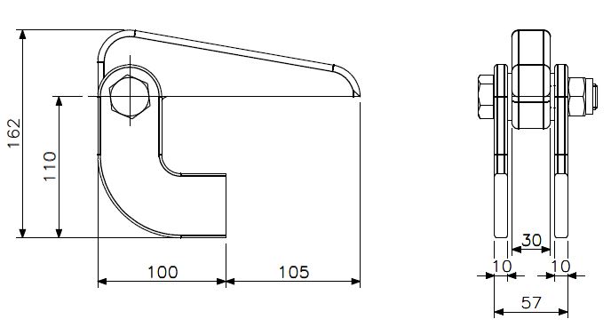 Zwaar luikscharnier M20 staal (technische tekening met afmetingen)