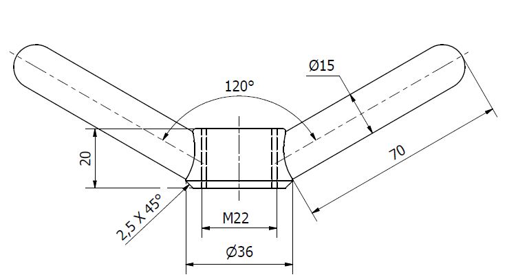 Knebelmutter M22 Messing (technische Zeichnung mit Maßangaben)