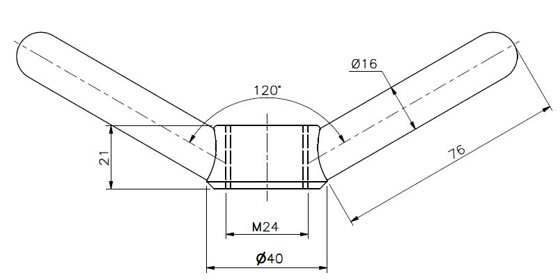 Butterfly nut M24 brass (technical drawing with dimensions)