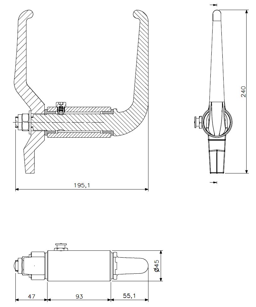 Door toggle 93mm steel (technical drawing with dimensions)
