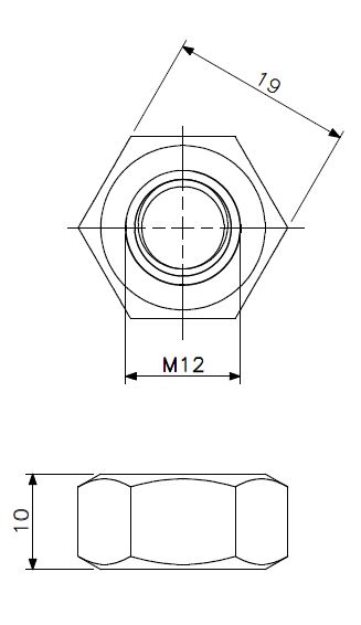 Mutter M12 rustfritt stål (teknisk tegning med dimensjoner)