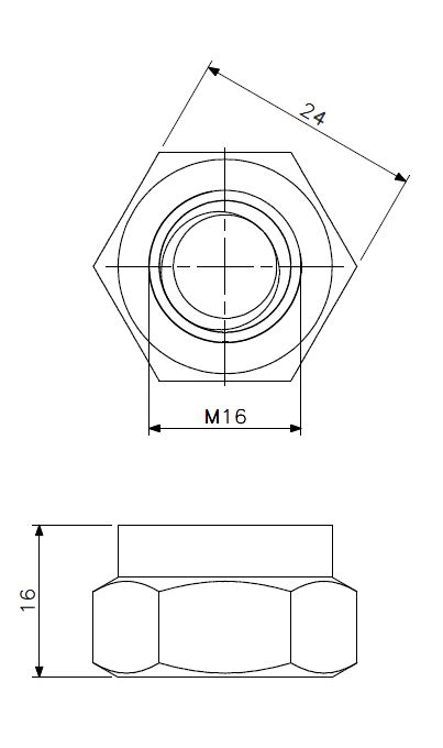 Låsemutter M16 galvanisert (teknisk tegning med dimensjoner)