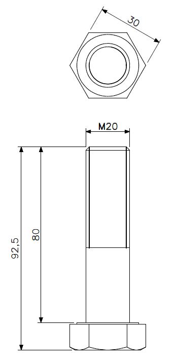 Zeskantbout M20x80 rvs (technische tekening met afmetingen)