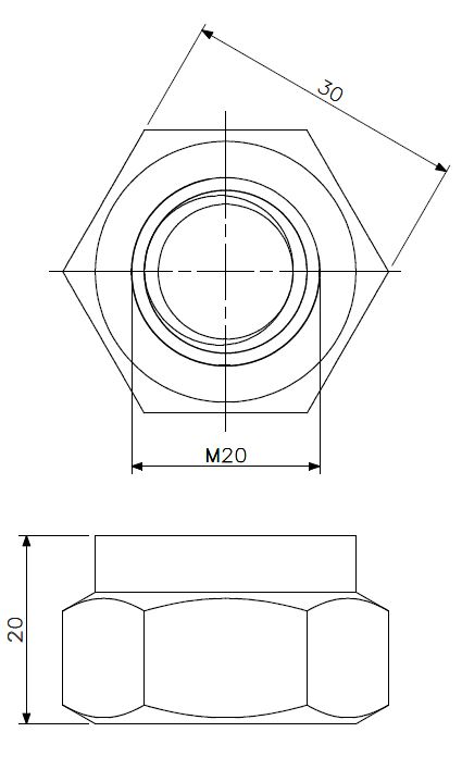 Self locking nut M20 stainless steel (technical drawing with dimensions)