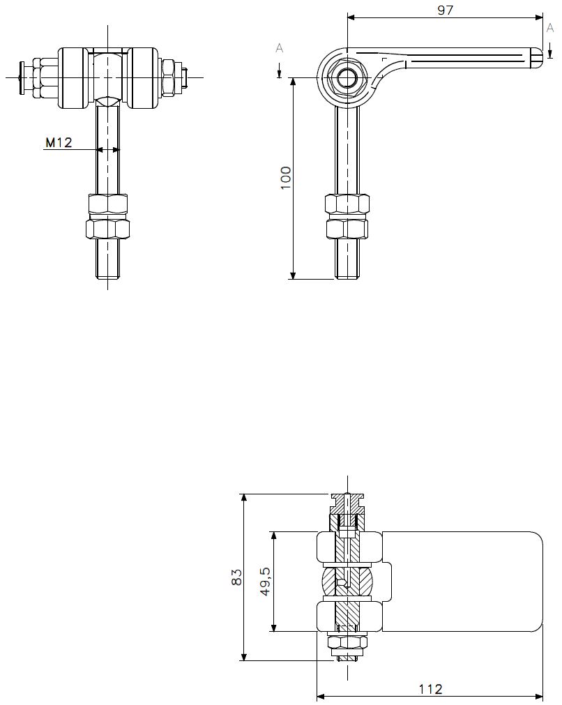 Hengsel M12x100 rustfritt stål FT (teknisk tegning med dimensjoner)