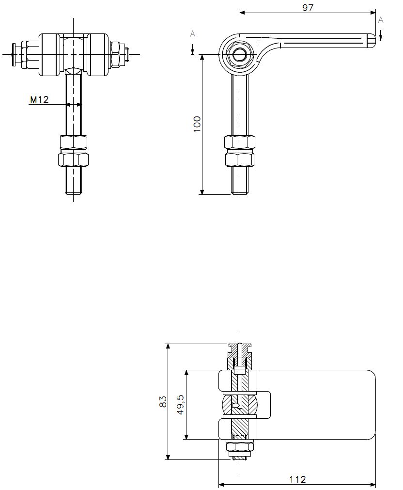 Scharnier M12x100 Stahl FT (technische Zeichnung mit Maßangaben)