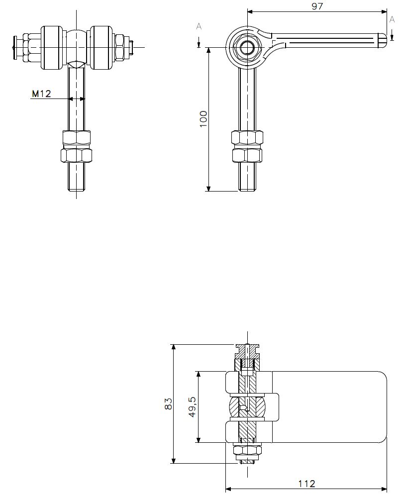 Hengsel M12x100 stål ST (teknisk tegning med dimensjoner)