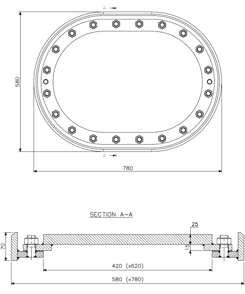 Mannloch C Oval Stahl verz. l/W 620x420 (technische Zeichnung mit Maßangaben)