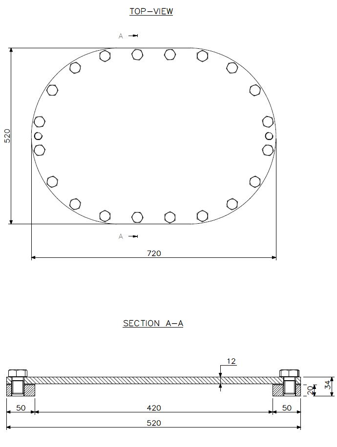 Mannloch A Oval Edelstahl flach l/W 620x420 (technische Zeichnung mit Maßangaben)