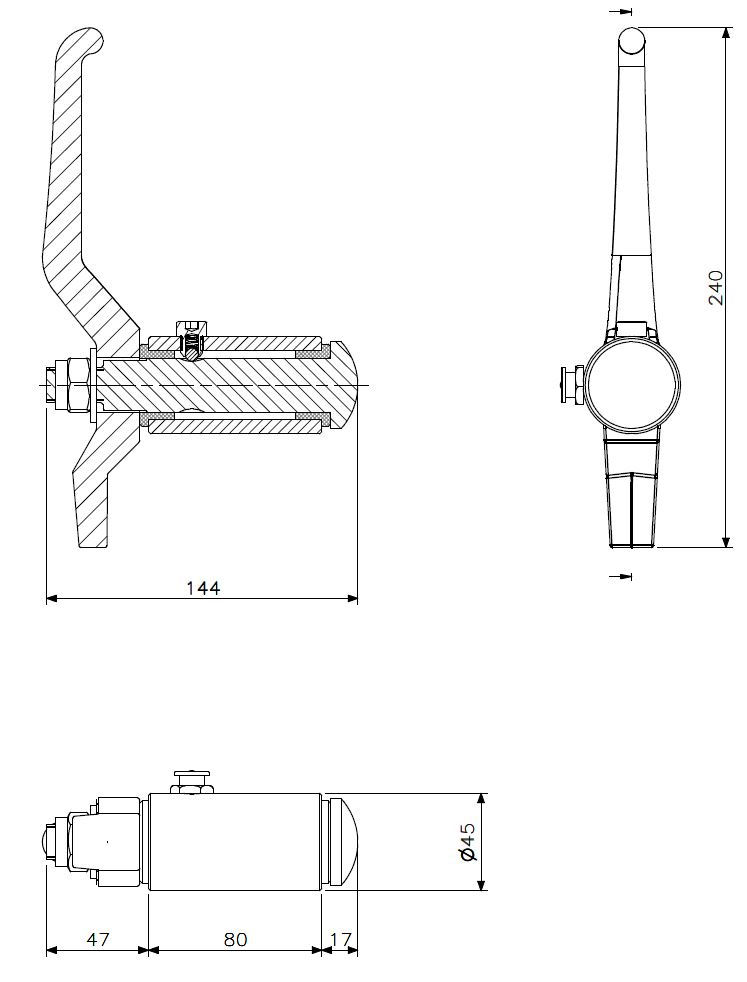 Door toggle 80mm aluminium blind (technical drawing with dimensions)
