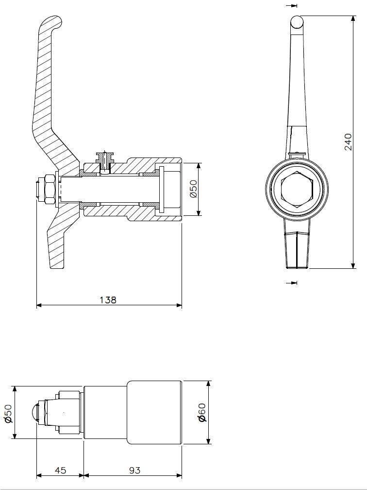 Dørvrider 93mm stål senket bøssing med rustfritt stålhendel (teknisk tegning med dimensjoner)