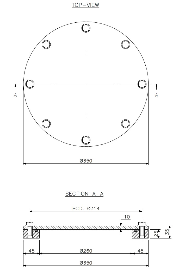 Handhole S-8 aluminium Ø350/260 (technical drawing with dimensions)