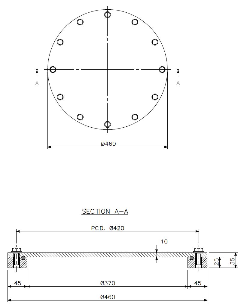 Handhole T-12 aluminium Ø460/370 (technical drawing with dimensions)