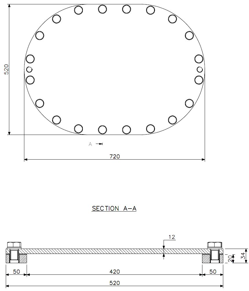 Trou d'homme A ovale aluminium saillie 620x420 (dessin technique avec dimensions)