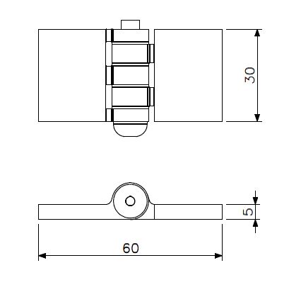 Lasscharnier 60×30 staal/ms (technische tekening met afmetingen)