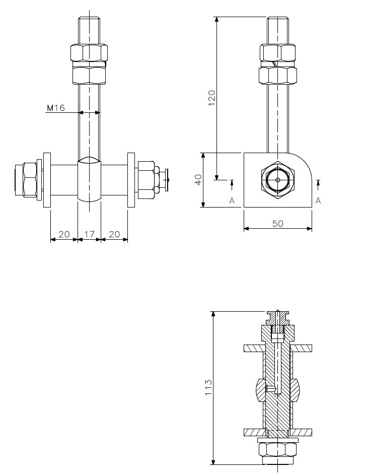 Scharnier M16x120 RVS verzonken type (technische tekening met afmetingen)